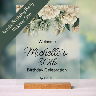 Sage Green White Roses Transparent 80. Geburtstag Acrylschild