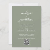 Sage Green & White Script Foto QR Code Hochzeit Einladung (Vorderseite)