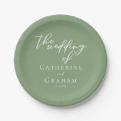 Sage Green White Script Personalisiert Wedding Pappteller (Vorderseite)