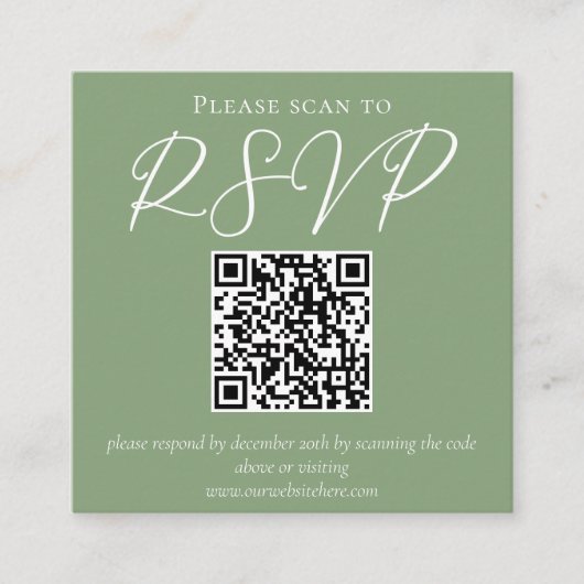 Sage Green White Script QR Code Wedding RSVP Begleitkarte (Vorderseite)