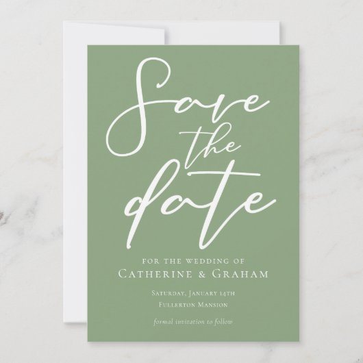 Sage Green White Script Save the Date Minimalistis (Vorderseite)