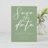 Sage Green White Script Save the Date Minimalistis (Stehend Vorderseite)