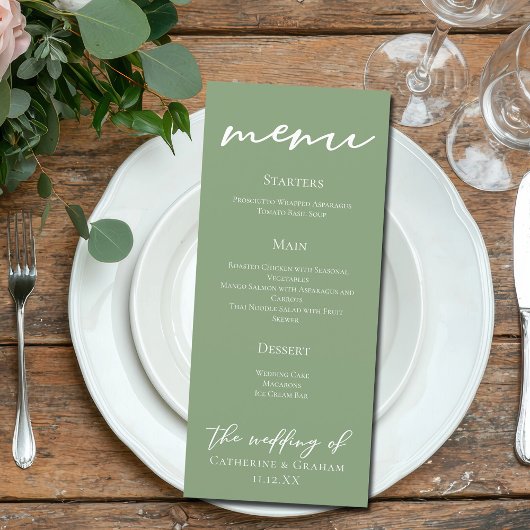 Sage Green White Typografy Hochzeitessen Menükarte