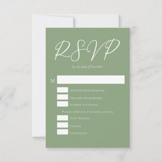 Sage Green White Typografy Wedding RSVP Karte (Vorderseite)
