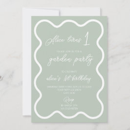 Sage green white wavy border 1. Geburtstag Party Einladung