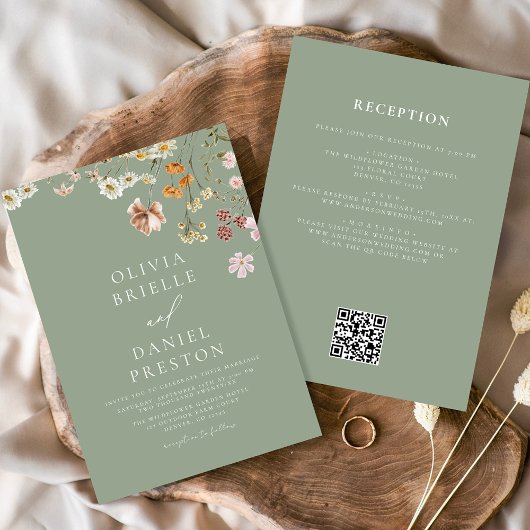 Sage Green Wildblume All in One QR Code Wedding Einladung