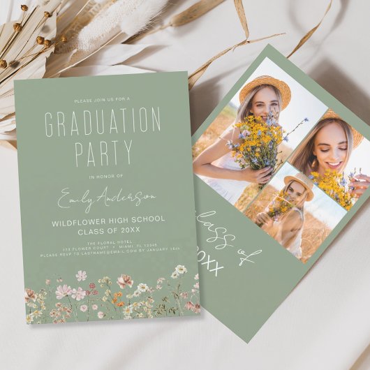Sage Green Wildblume Bloom Graduation Party Foto Einladung