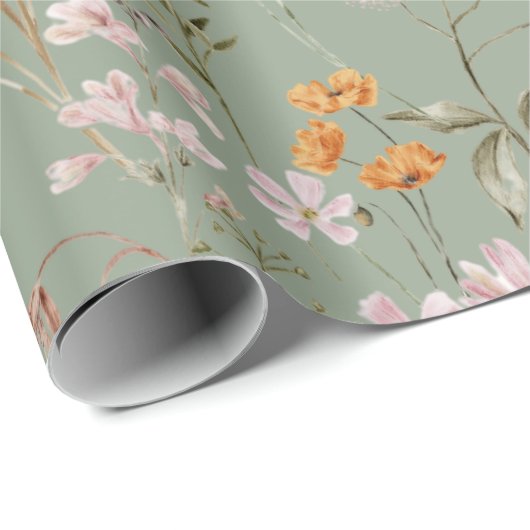 Sage Green Wildblume Boho Bloom Garden Boho Geschenkpapier (Rolleneckpunkt)