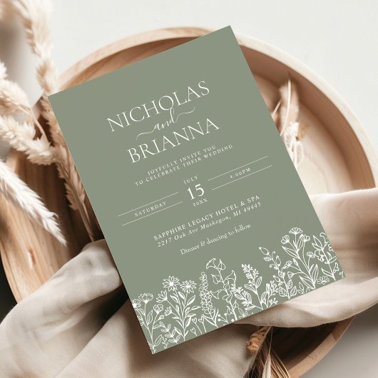 Sage Green Wildblume Boho Wedding Modern Monogram Einladung