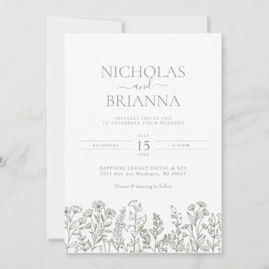 Sage Green Wildblume Boho Wedding Monogram Einladung (Vorderseite)