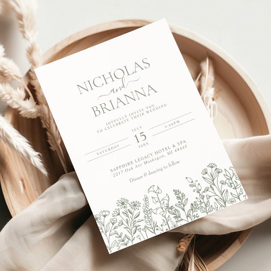 Sage Green Wildblume Boho Wedding Monogram Einladung