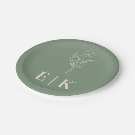 Sage Green Wildblume Boho Wedding Pappteller (Schrägansicht)
