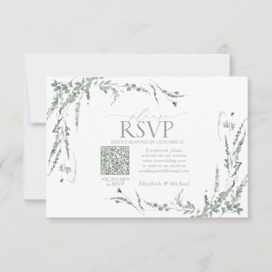 Sage Green Wildblume Calligraphy QR-Code UAWG RSVP Karte (Vorderseite)