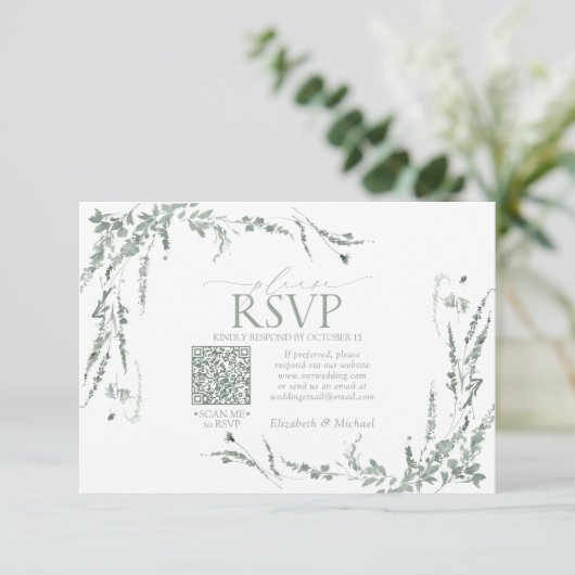 Sage Green Wildblume Calligraphy QR-Code UAWG RSVP Karte (Stehend Vorderseite)