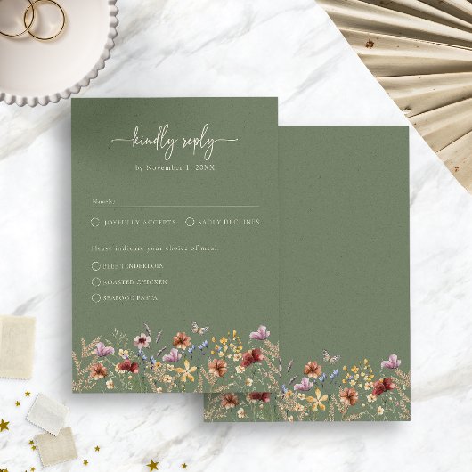 Sage Green Wildblume Elegante Boho RSVP Card Karte