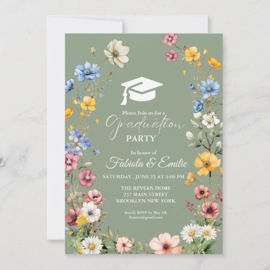 Sage Green Wildblume Garden Twin Abschluss Einladung (Vorderseite)