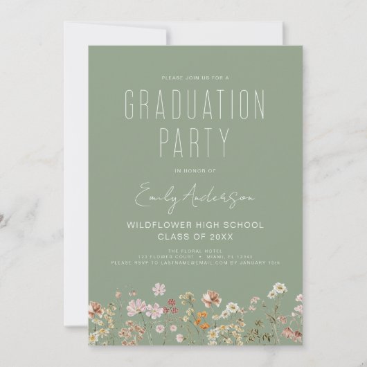Sage Green Wildblume Graduation Party Boho Bloom Einladung (Vorderseite)