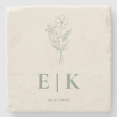 Sage Green Wildblume Monogram Wedding Steinuntersetzer (Vorderseite)
