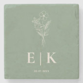 Sage Green Wildblume Monogram Wedding Steinuntersetzer (Vorderseite)