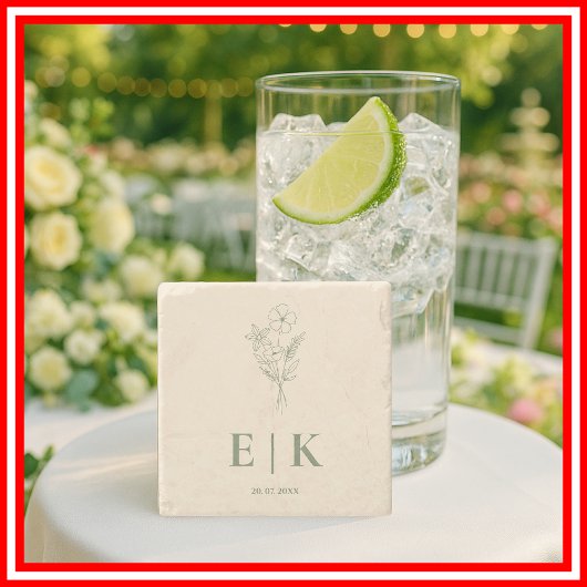 Sage Green Wildblume Monogram Wedding Steinuntersetzer
