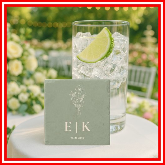 Sage Green Wildblume Monogram Wedding Steinuntersetzer