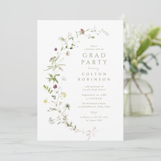 Sage Green Wildblume Rustic Boho Abschluss Einladung (Stehend Vorderseite)
