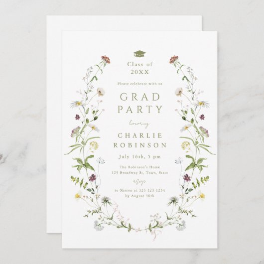 Sage Green Wildblume Rustic Boho Abschluss Einladung (Vorne/Hinten)