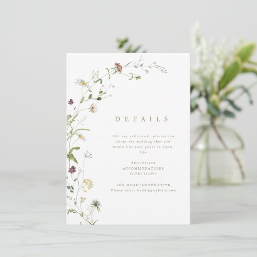 Sage Green Wildblume Rustic Boho Hochzeitdetails Begleitkarte (Stehend Vorderseite)