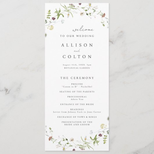 Sage Green Wildblume Rustic Boho Hochzeitsprogramm Programm (Vorderseite)