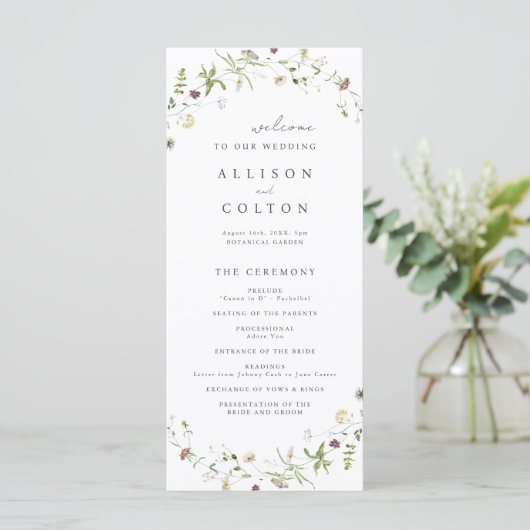 Sage Green Wildblume Rustic Boho Hochzeitsprogramm Programm (Stehend Vorderseite)