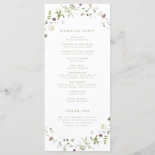 Sage Green Wildblume Rustic Boho Hochzeitsprogramm Programm (Rückseite)