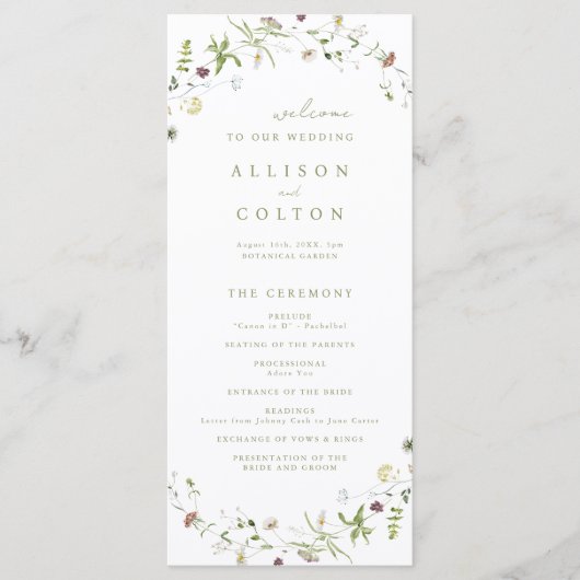 Sage Green Wildblume Rustic Boho Hochzeitsprogramm Programm (Vorderseite)