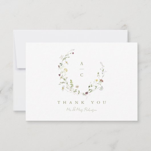 Sage Green Wildblume Rustic Boho Wedding Monogramm Dankeskarte (Vorderseite)