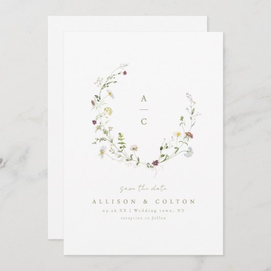 Sage Green Wildblume Rustic Boho Wedding Monogramm Save The Date (Vorne/Hinten)