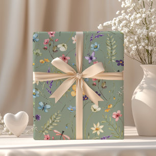 Sage Green Wildblume & Schmetterling Boho Sommer  Geschenkpapier