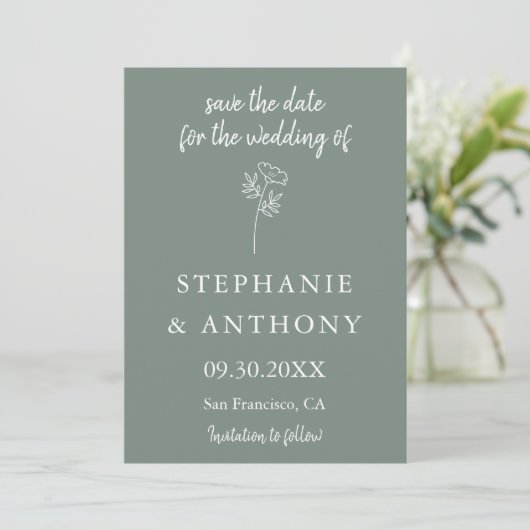Sage Green Wildblume Wedding Save The Date (Stehend Vorderseite)