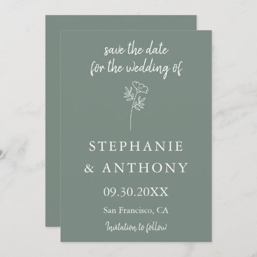 Sage Green Wildblume Wedding Save The Date (Vorne/Hinten)