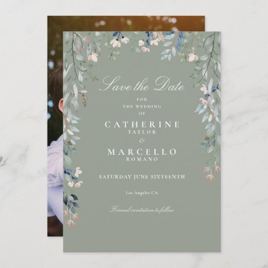 Sage Green Wildblumen Blumenhochzeit Foto Save The Date (Vorne/Hinten)