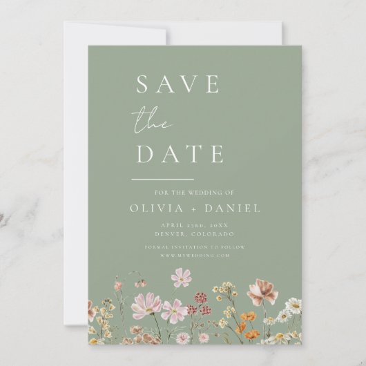 Sage Green Wildblumen Boho Save the Date (Vorderseite)