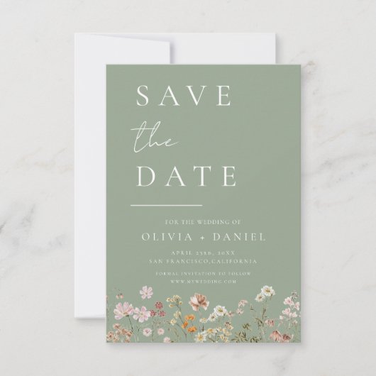 Sage Green Wildblumen Boho Save the Date (Vorderseite)