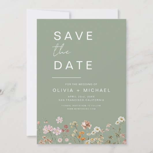 Sage Green Wildblumen Boho Save the Date (Vorderseite)