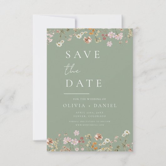 Sage Green Wildblumen Boho Save the Date (Vorderseite)