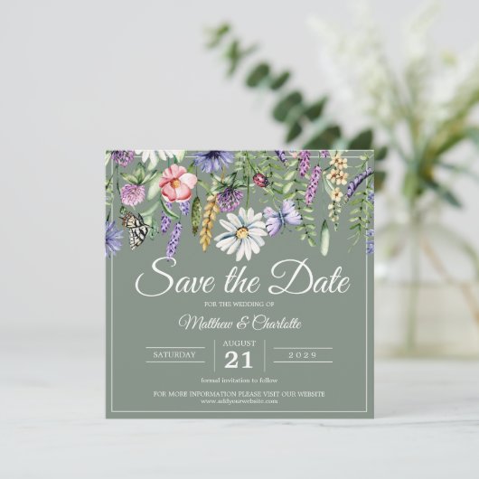 Sage Green Wildblumen Boho Save The Date (Stehend Vorderseite)