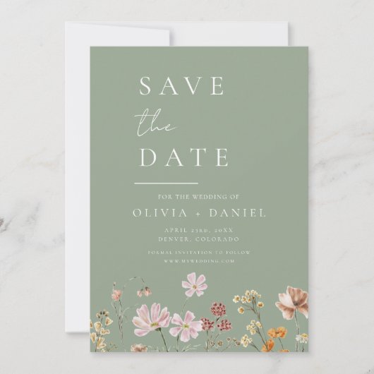 Sage Green Wildblumen Boho Save the Date (Vorderseite)