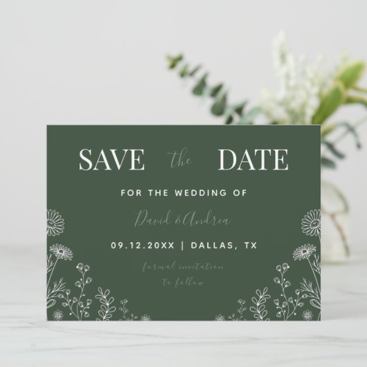 Sage Green | Wildblumen Gezeichnet Blätter fallen Save The Date (Stehend Vorderseite)