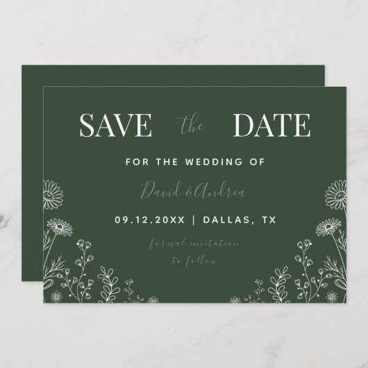 Sage Green | Wildblumen Gezeichnet Blätter fallen Save The Date (Vorne/Hinten)