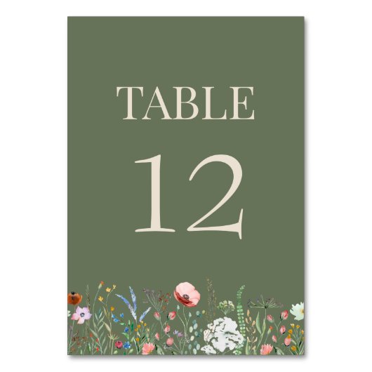 Sage Green Wildblumen Hochzeitkarte Tischnummer (Vorderseite)