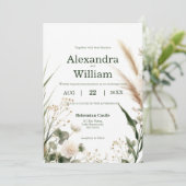 Sage Green Wildblumen und Pampas Boho Foto Einladung (Stehend Vorderseite)