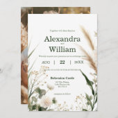 Sage Green Wildblumen und Pampas Boho Foto Einladung (Vorne/Hinten)