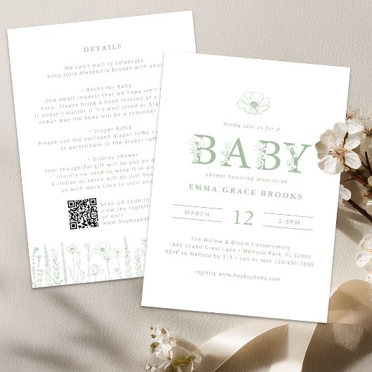 Sage Green Wildflower Baby Shower All-in-One  Einladung